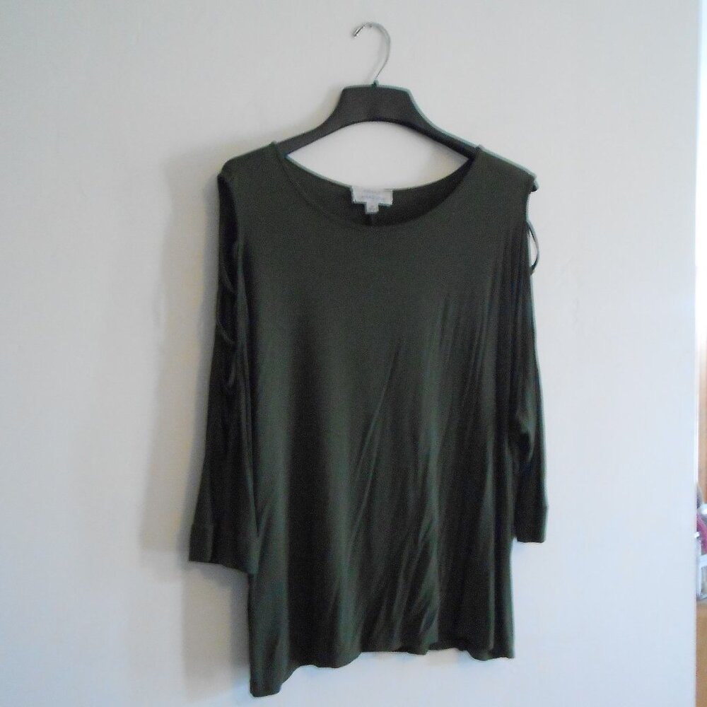 Molly + Isadora Dark Green Cold Shoulder Shirt, Size 2x